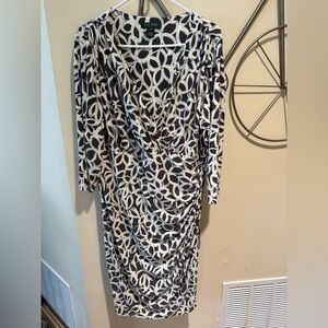 Ralph Lauren Grey & White Long-Sleeve Printed Wrap Dress Size 16W Classic Floral